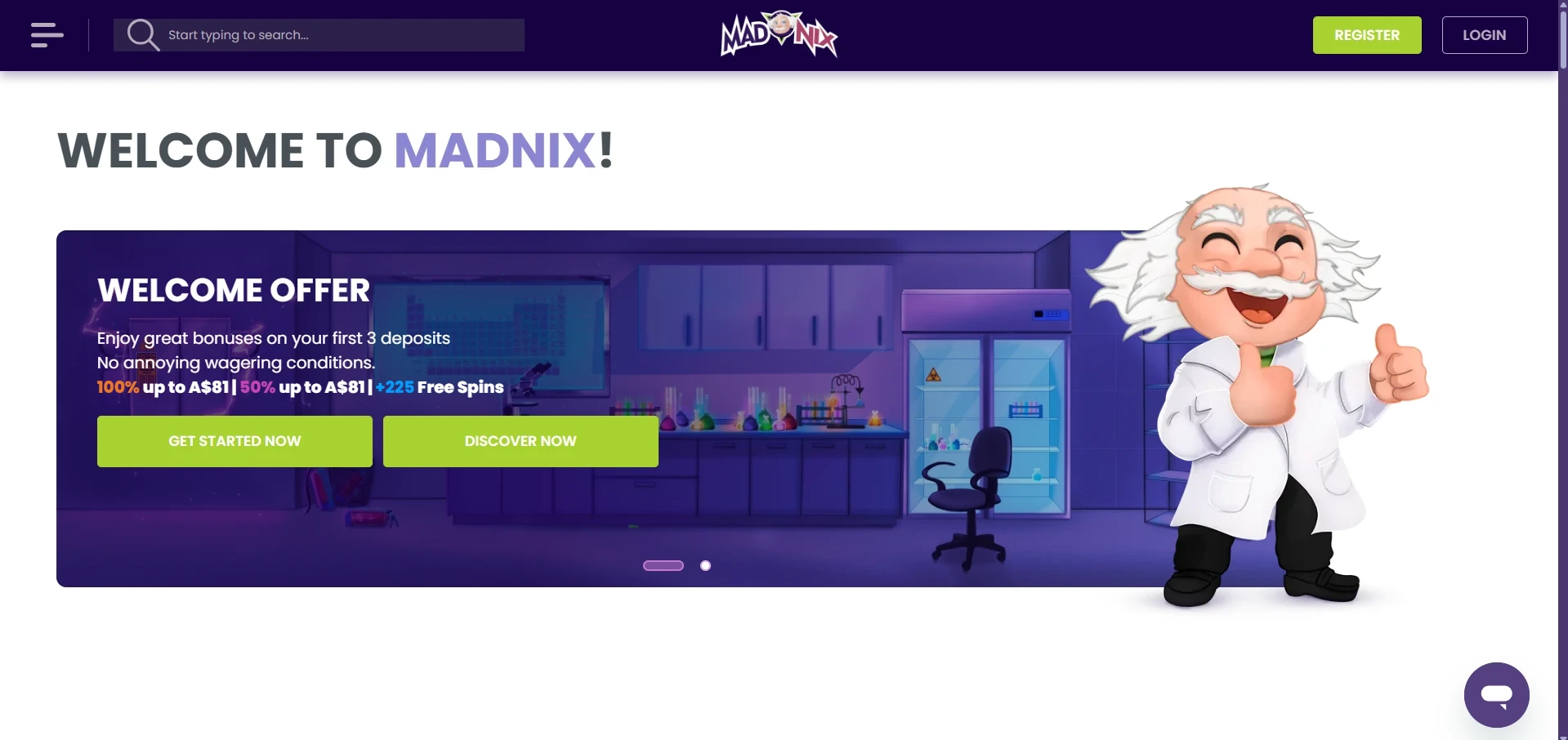 MadNix homepage on desktop, opened at the start of our game library review