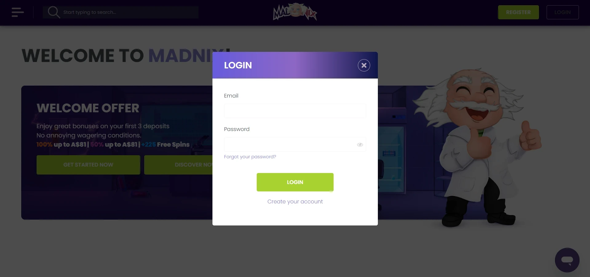 MadNix login form with email and password fields