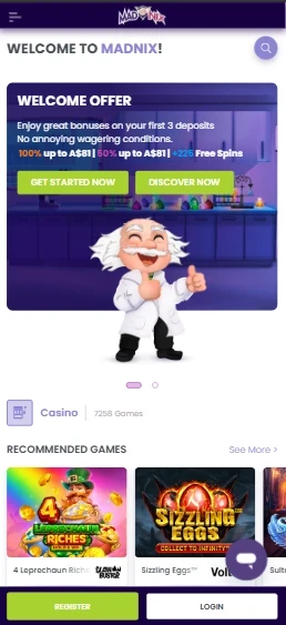 MadNix mobile site in a phone browser showing the game lobby